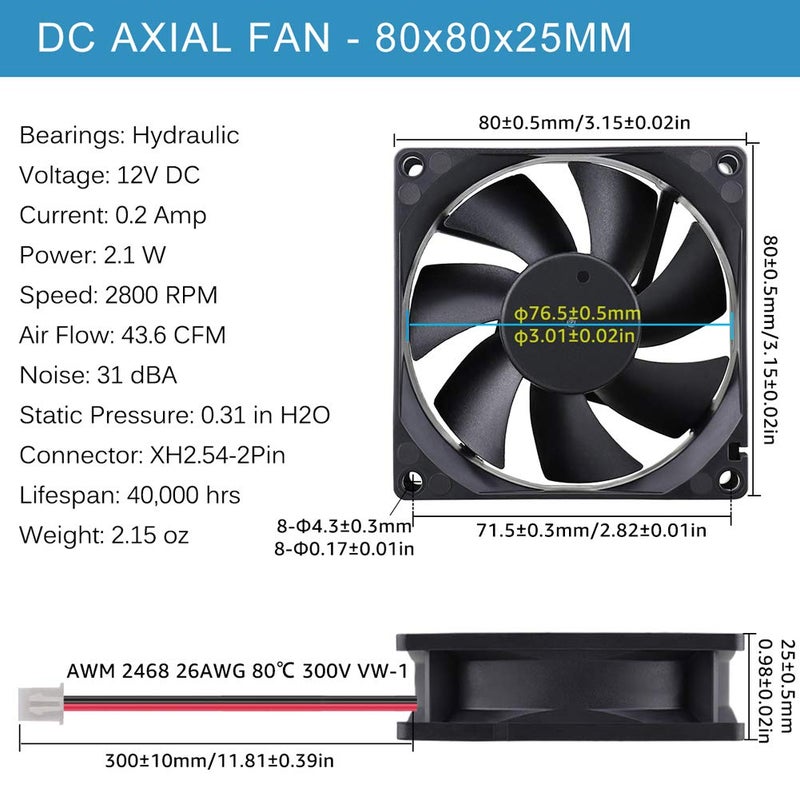 GDSTIME 80mm x 80mm x 25mm 12V Brushless DC Cooling Fan compatible with Desktop - Image 2